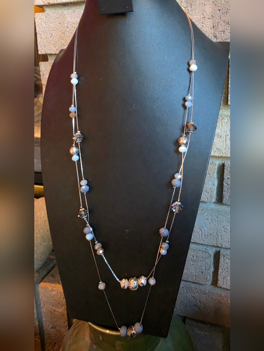 Long Layered Necklace - Gray/Smoket Glass Beqds Silvertone